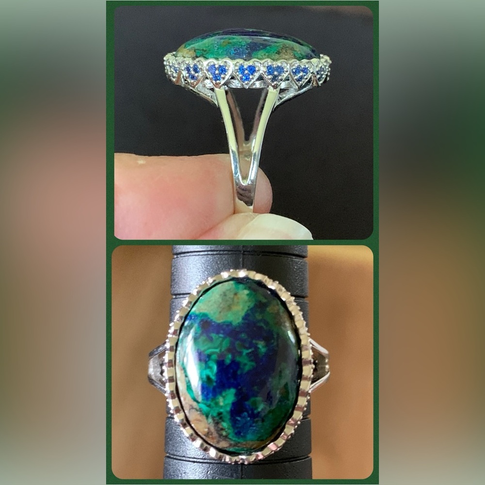 OVAL AZURMALACHITE AND ROUND LAB CREATED BLUE SPINEL RHODIUM OVER SILVER RING